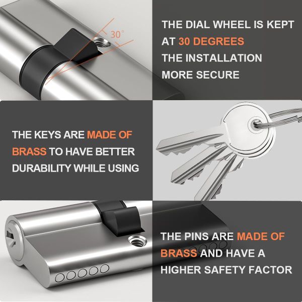 Nickel Euro Cylinder Lock,Door Barrel Lock,Key/Key with 3 Standard Keys, Door Cylinder
