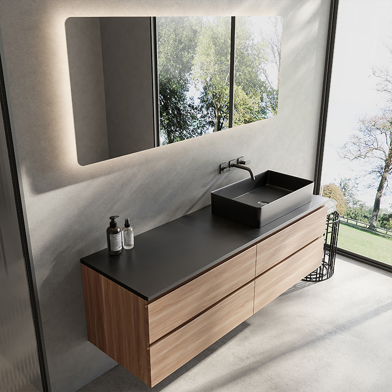 Apartment Bathroom Vanity with Solid Wood Door Panel and Custom Light Wood Grain