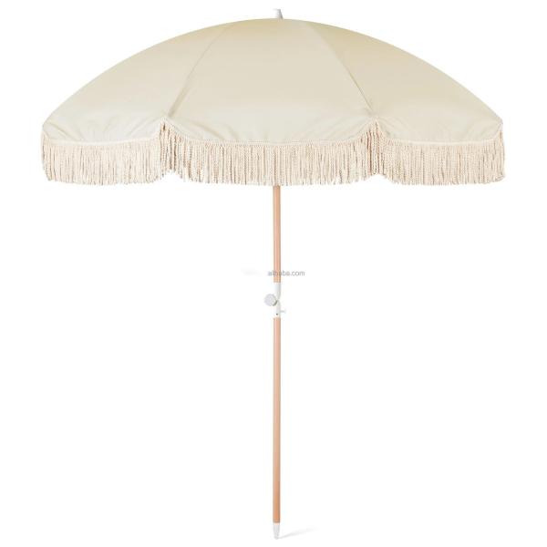 Portable 8 Feet Vintage Boho Sun Umbrella with Yellow Fringe and Wooden Pole
