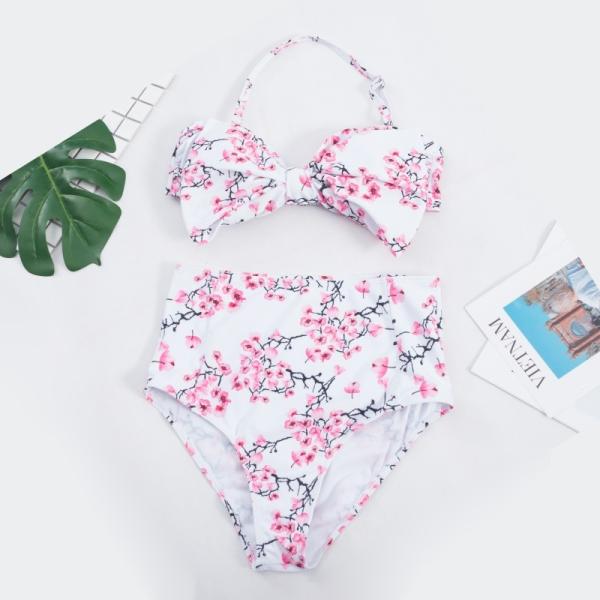 Wrap Halter And Tie front Top With Floral Bikini high cut swimsuit
