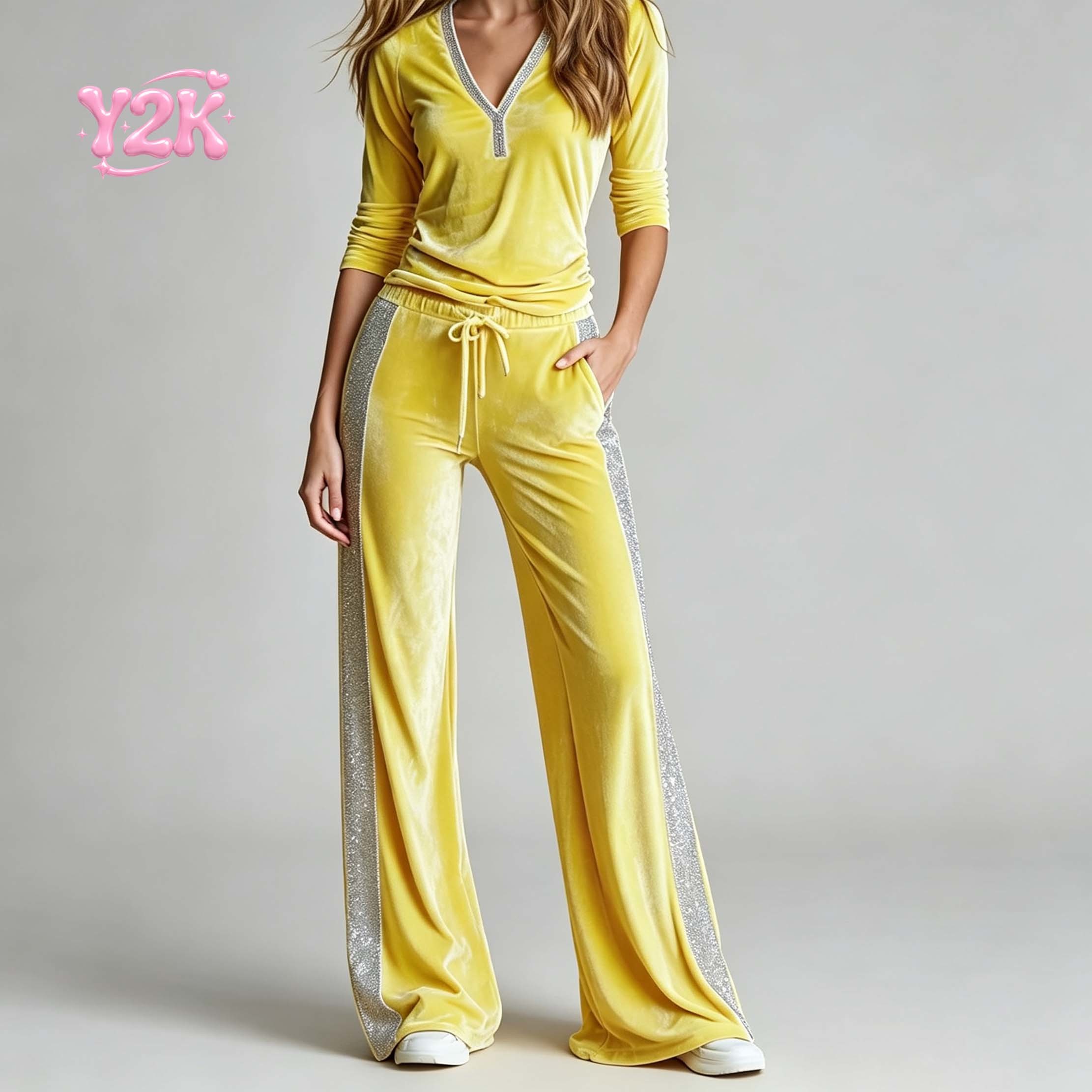 Custom Women's V Neck Velour Top Rhinestone Wide Leg Pants Set
