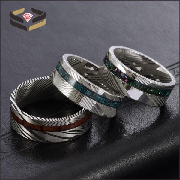 Custom Men's Damascus Steel Rings Round With Galaxy Opal Turquoise Wood Inlay