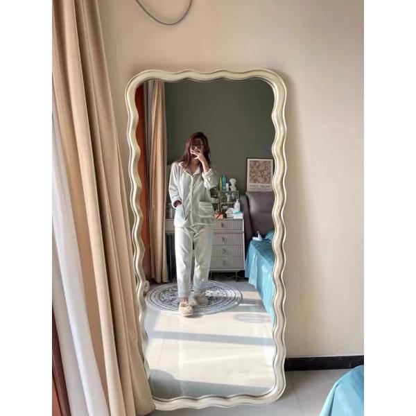 Wavy Beveled Floor Mirror Wood Frame 600mm For Modern Bedroom Decoration