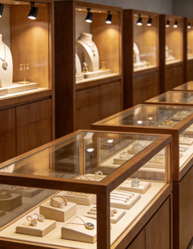 Custom High-end Solid Wood Jewelry Display Cabinet with Adjustable Glass Shelves and Luxury Front Showcase
