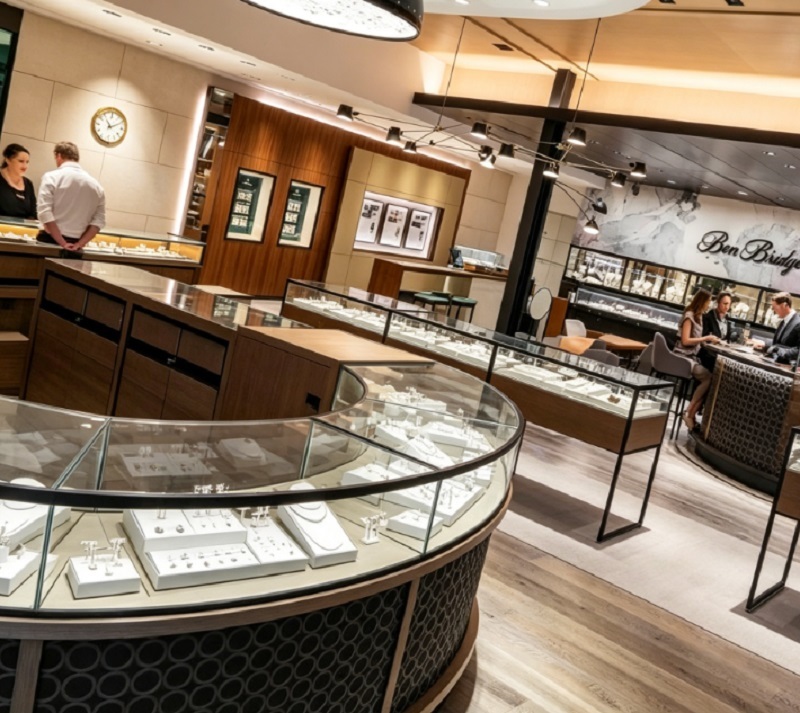 Modern Walnut Wood & Black Metal Jewelry Store Interior Design, Complete Turnkey Fixture Package with Curved Central Showcase