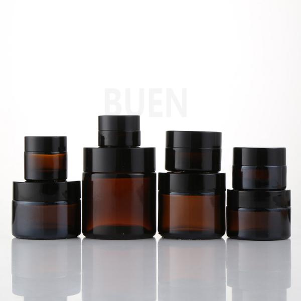 Cylinder Amber Face Cream Glass Cosmetic Jars With Black Lid ISO90001