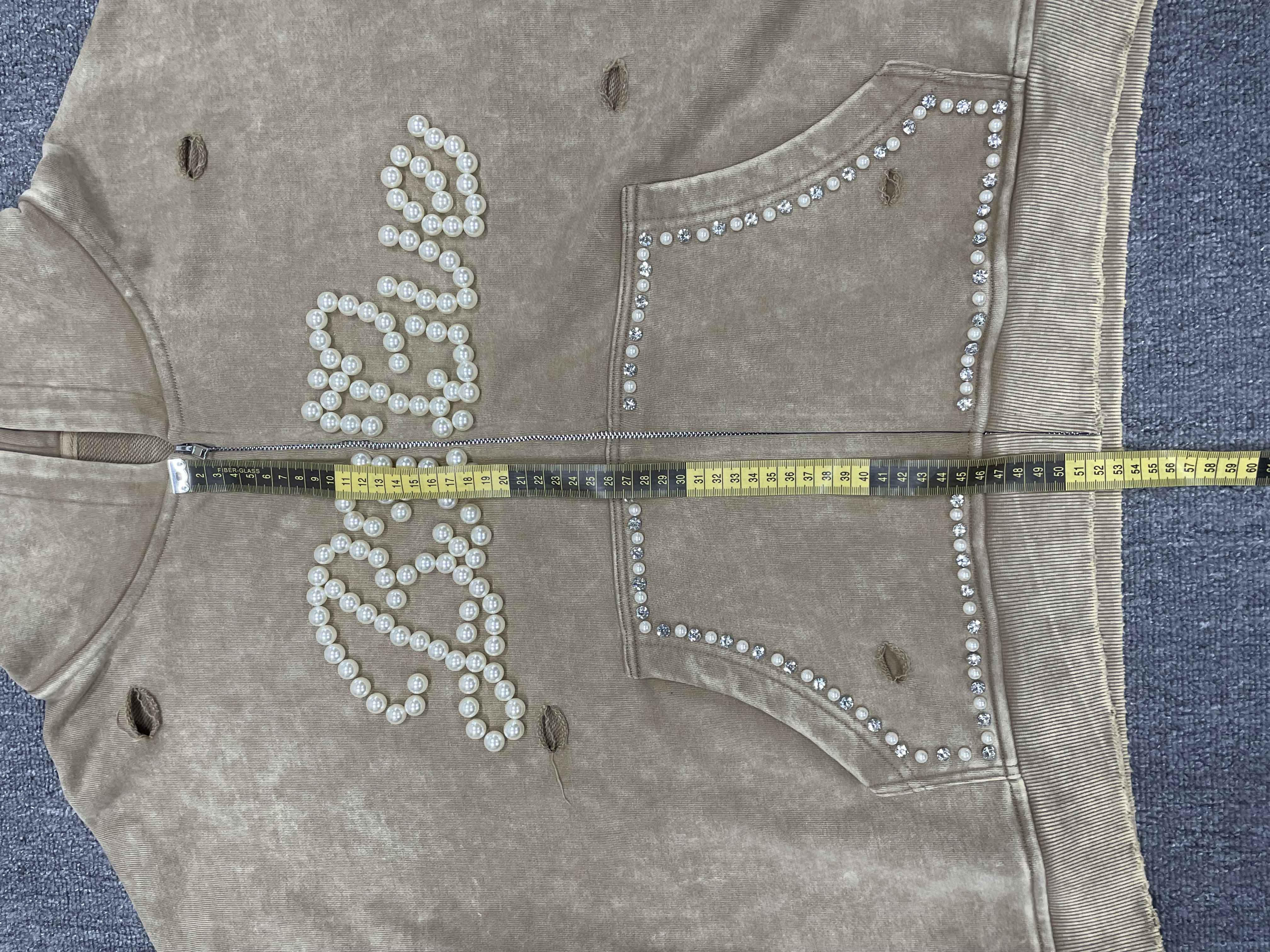 Tianan Custom Acid Wash Hoodie Vintage Stone Wash Distressed Pearl Rhinestone Spliced Sleeve Streetwear Loose Boxy Zipper Hoodie