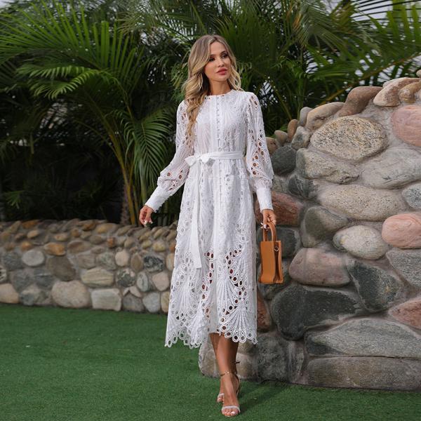 Maxi Ladies Lace Dresses Lace Up Shirt Dress Contrast Guipure Lantern Puff Sleeve