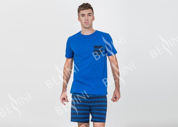 Mens Cotton Jersey Round Neck Tee and Yarn Dyed Striped Short Pants Pyjamas Set Functional Placket Side Pockets