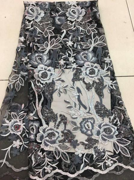 Gold Silver Sequin Fabric , Multi Colored Embroidered Floral Dress Lace Fabric For Gown