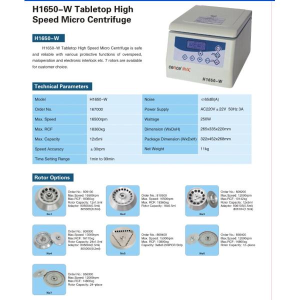 Быстрый ход центрифуги H1650-W Benchtop малошумный для клинической больницы