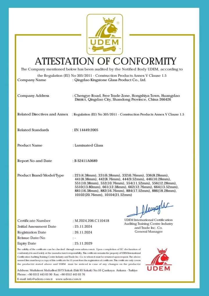 QINGDAO KINGSTONE GLASS PRODUCT CO.,LTD Сертификации