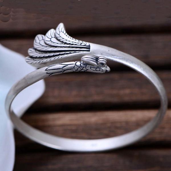 Handcraft Engraved Peafowl Design Sterling Silver Cuff Bracelet for Women (000020)