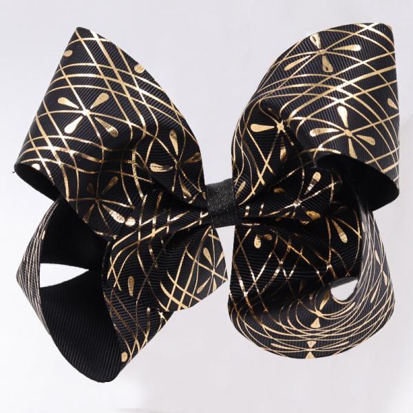 Customized Hair Bow Ribbon Black Glitter Color Printed Technics For Girls