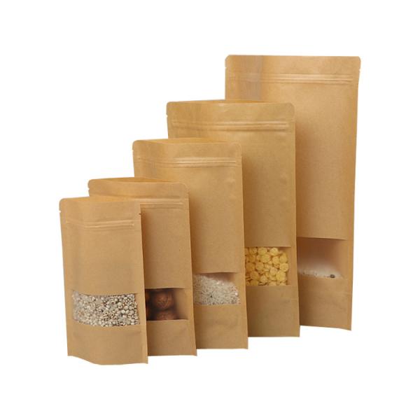 Resealable Zipper And Clear Window  Compostable Stand Up Pouches Natural Kraft Paper Stand Up