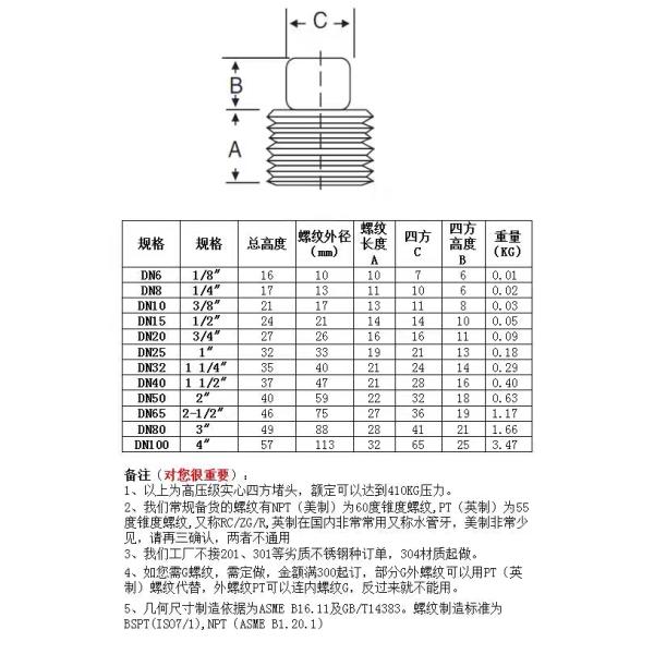 Silver Coated WZ Stainless Steel 304 316 316L High Pressure Forged Square Plug NPT BSPT
