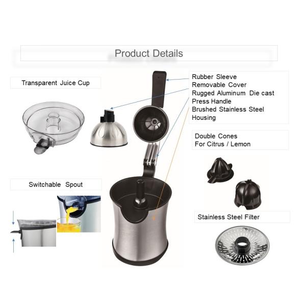 JC203 160W Stainless Steel Compact Citrus Press with Aluminmum Diecast Handle