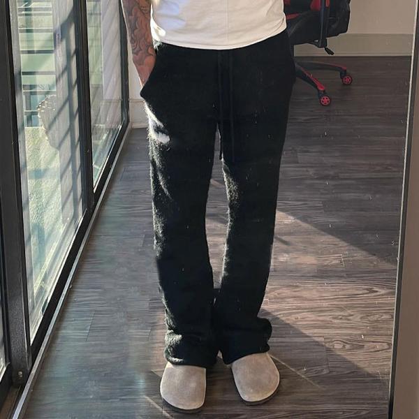 Custom OEM Wide Leg Mohair Flare Pants Unisex Drawstring Long Streetwear Jogger Sweatpants Mohair Sweater Pants for Men