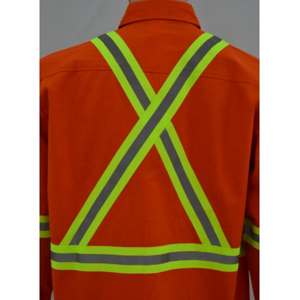 Men's 100%Cotton Twill Orange Work Shirt Long Sleeve Reflective Tape Chest Pockets