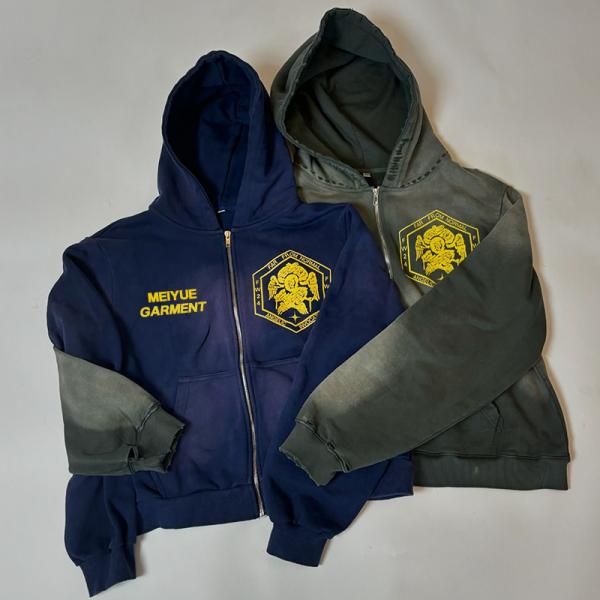 Logo imprimé à l'écran Laver à l'acide Fermeture à glissière Hoodie Soleil s'estompe Distressed Black Hoodie 420 grammes