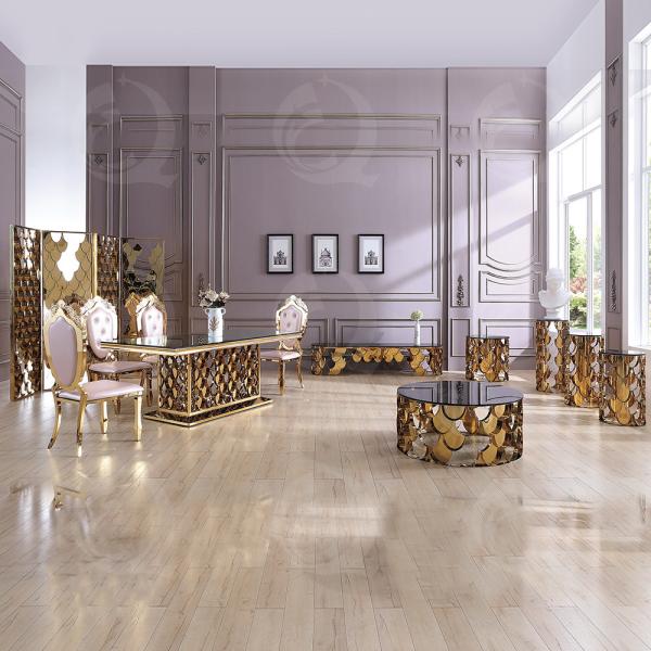 Rectangular 200x100x75cm SS Dining Tables Elegant Gold With Glass Top