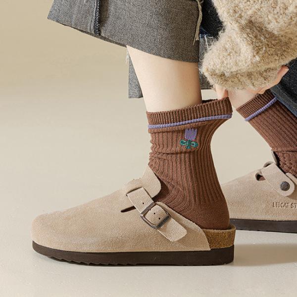 Solid Color Stripe Breathable Cotton Socks Flower Embroidery Crew Women Socks