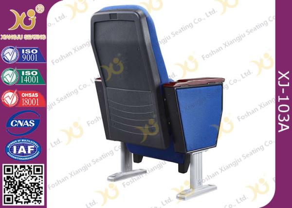 Soild Wood Armrest Blue Fabric Conference Hall Chairs With Aluminum Feet