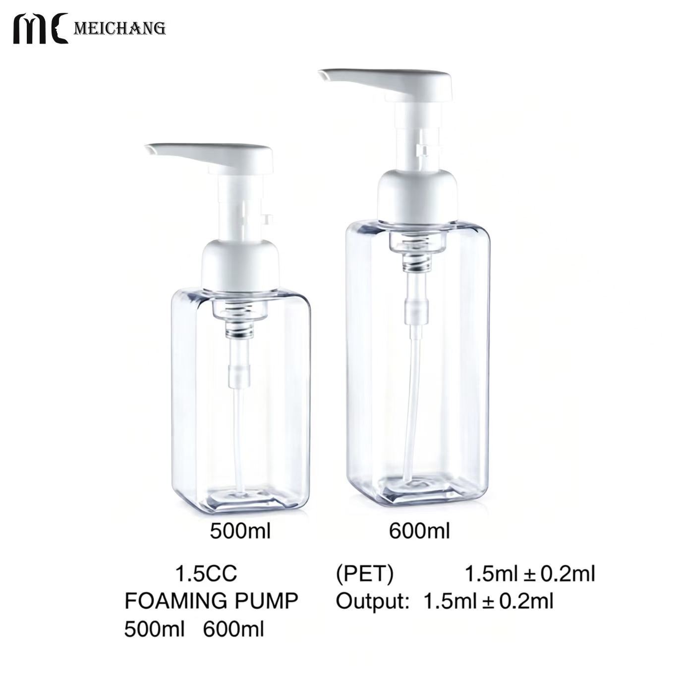 500ml / 600ml Refillable Square PET Foaming Pump Bottle, with a 1.5cc foaming dispenser(MC-1806)