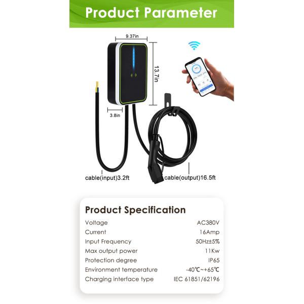 Electric Car Wall Box AC EV Charger 11kw 5m Wire 3phase 380v 16A With APP OEM ODM