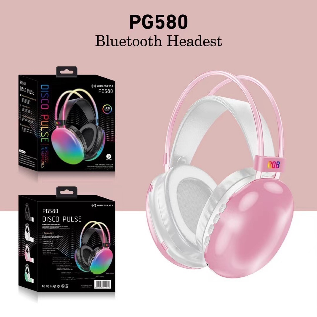 JTY-580 RGB wireless gaming headset, Bluetooth 5.0 headset with color LED lights, HiFi stereo, long battery life, surround sound, suitable for gaming headsets on PC phones