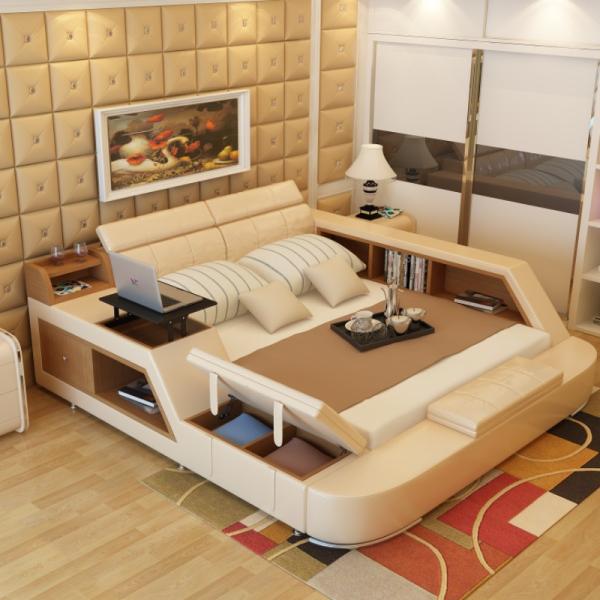 Multifunction Leather Bed Frame Queen Size Low Profile