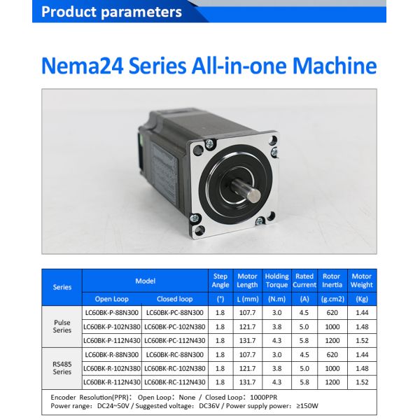 Lichuan Open Loop/Closed Loop Integrated Stepper Motors Driver Pulse/RS485 Control 4.3N.m 2Phase Nema24 DC24~50V 4.5/5.0/5.8A 1000PPR