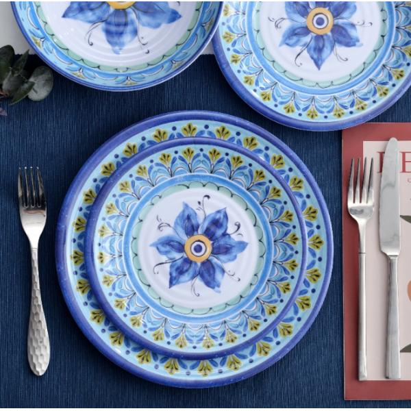 Melamine Dinnerware Set,12pcs Plates and Bowls Sets, Blue Dinnerware Sets for 4 Camping Dinnerware Dishwasher Safe BPA f