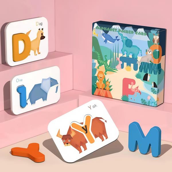 Wooden Number Alphabet Cognitive Education Matching Card Children's Early Education Stereo Two Sided English Word Puzzle Toys