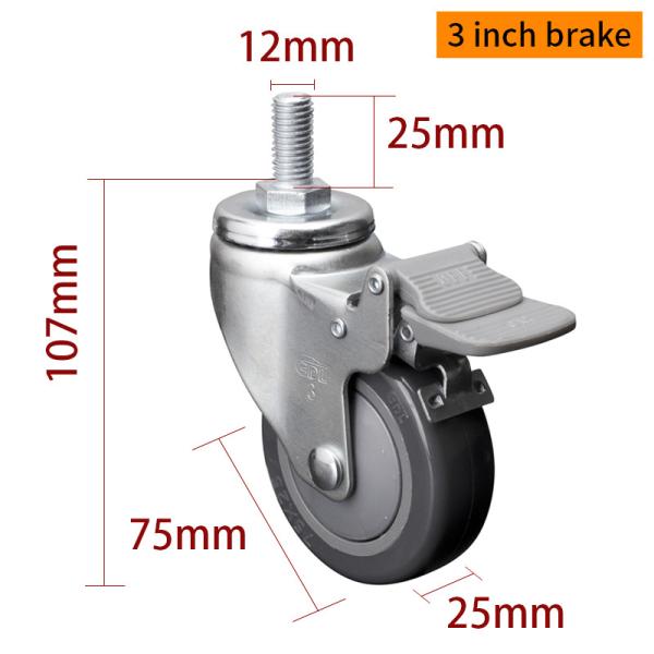 Ruedas de rueda de 75 mm de 80 kg con rosca de TPU de 3 pulgadas de ruedas giratorias con freno