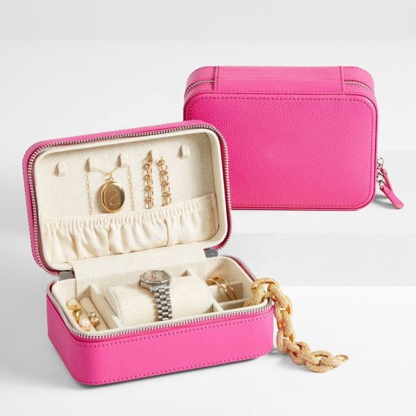 Portable Zipper Leather Jewelry Boxes Handmade Velvet Necklace Ring Jewellery Storage Case