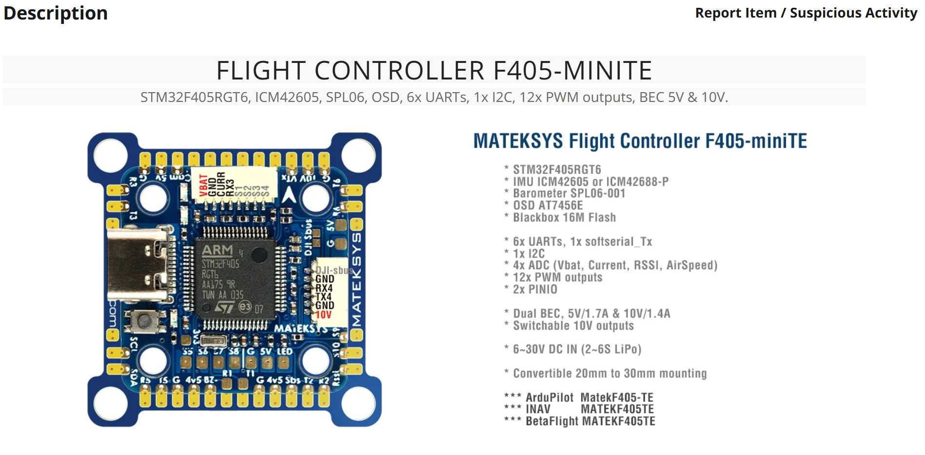 mateksys matek f405-minite flight controller 20xmm/30.5x mounting support blackbox/baro air unit ardupilot/bf/inav