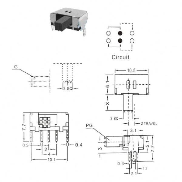 original SK-22D02 2P2T 5mm Interruptor alternativo de 6 pines Interruptor horizontal duplo