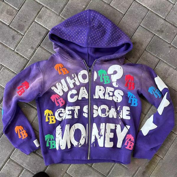 Zipper Puff Print Hoodie Vintage Washed 500gsm Heavyweight Oversized Raw Hem