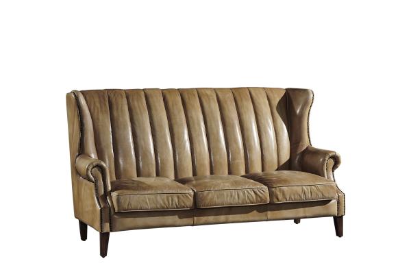 Solid Wood Legs 3 Seater Sofa Brown Leather With Hand Water Wash Workcraft