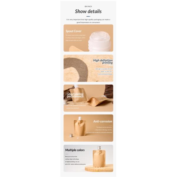 Custom Biodegradable Stand Up Bag Recyclable Liquid Laundry Cosmetic Shampoo Refill Packaging Kraft Paper Spout Pouch
