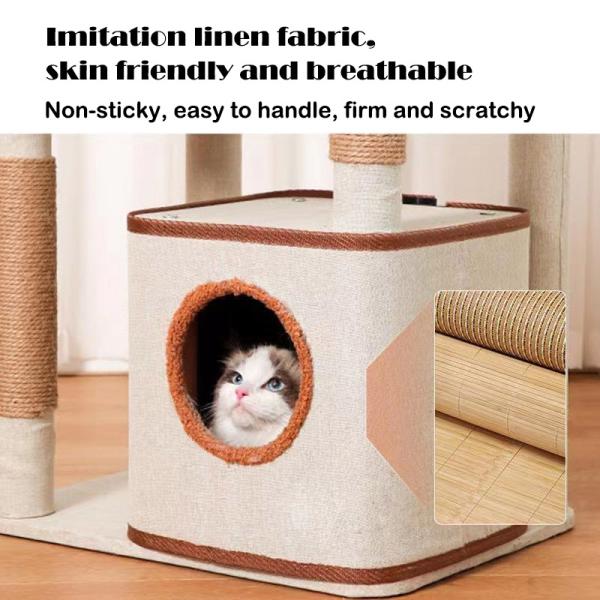 Fully Wrapped Wooden Cat Tower with Replaceable Dangling Balls and Scratching Sisal Posts