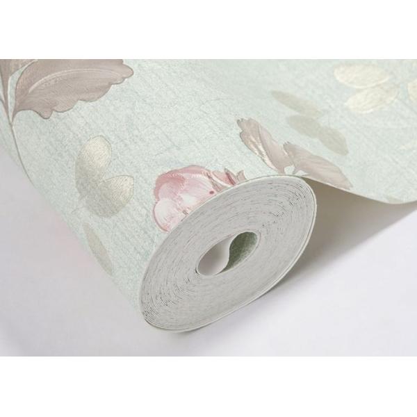 Light Green Living Room Wallpaper Rustic Style with Red Floral Pattern , 0.53*10m/ roll