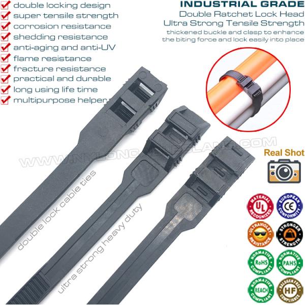 Bridas doble cierre /presillas bridas con doble cabezal plano, negras, nylon (PA) 6.6, 760 x 9mm, 110 lb, 500 N, Ø20~220mm, uso exterior