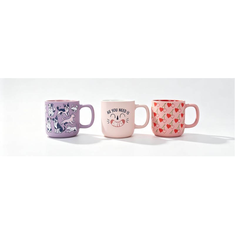 3 Pack Cute Pastel Matte Ceramic Mugs, Dog Print, Smile Quote & Heart Cherry Pattern Coffee Cups, Fun Aesthetic Tea Mug Set for Women Gift & Home Decor