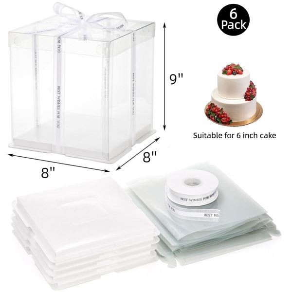 Clear Cake Box with Ribbon, 2-Layer Tall Cake Packaging Boxes 8x8x9 Inch, PET Cake Carrier Transport Container for Tiered Cakes, Transparent Gift Display Boxes with Lid for Birthday Party