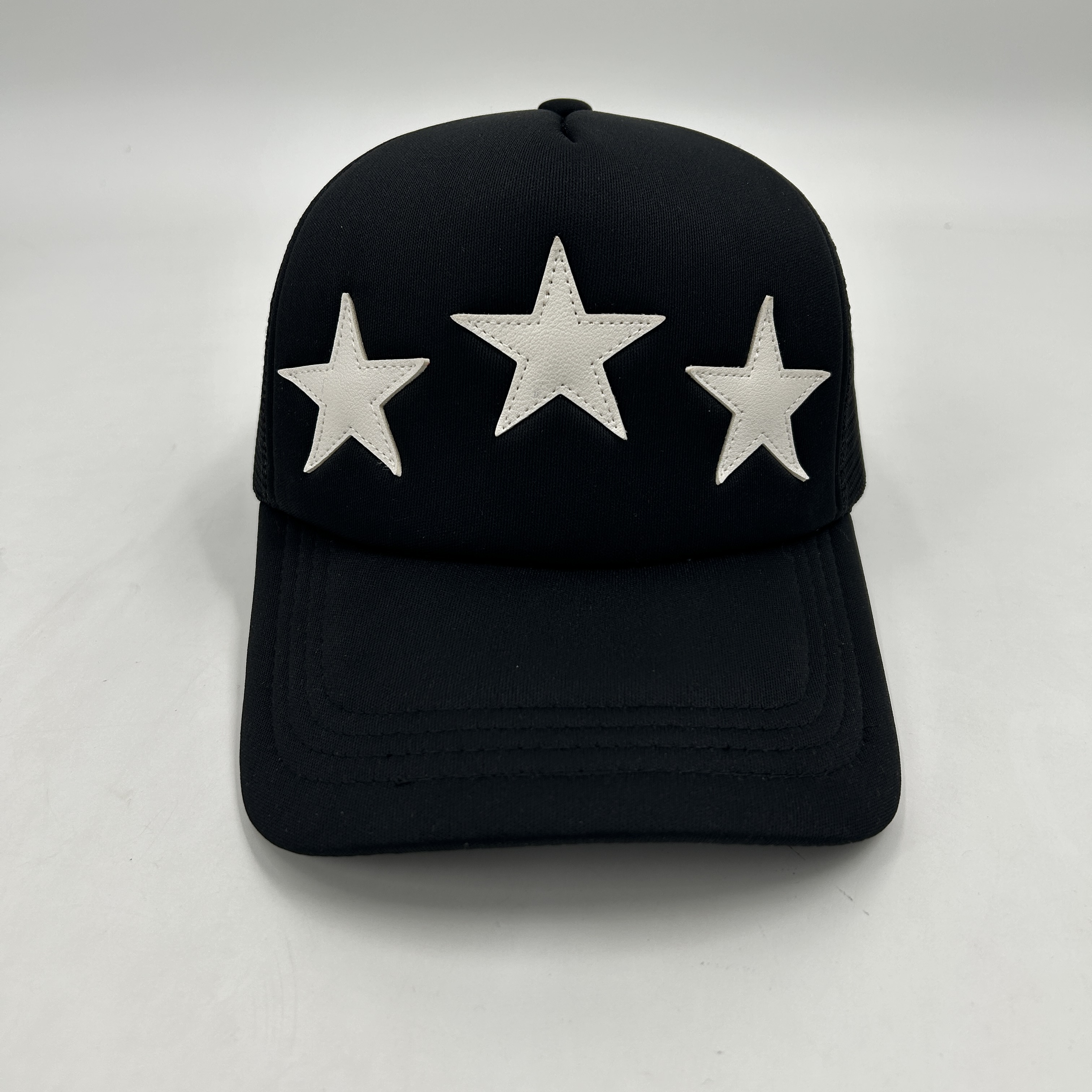 PU Leather Stars Mesh Trucker Caps Patches Foam Polyester Embroidered High Crown 5 Panels