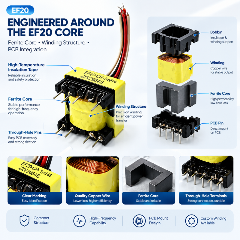EF20 Model High Frequency Transformer with Ferrite Core for PCB Mount Compact Flyback Design