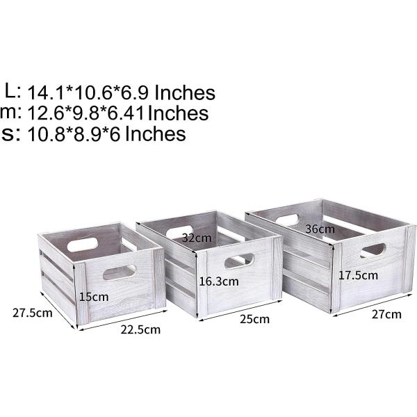 Rustic White Wooden Display Crate Set of 3 Decorative Pine Storage Crates NO Foldable