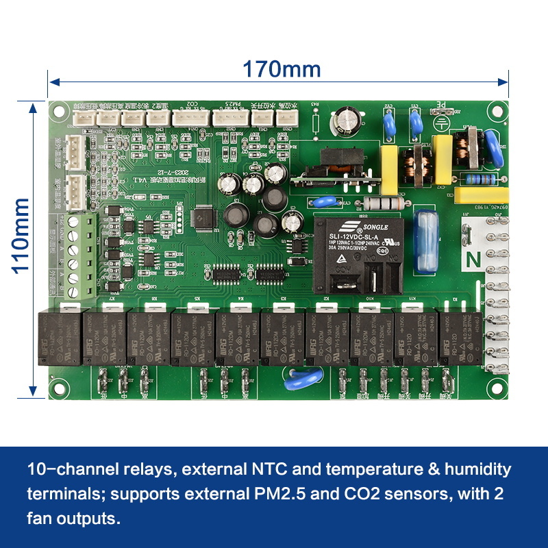 OEM Ventilation Mainboard with 10 Relay Outputs External Sensors and Dual Fan Control